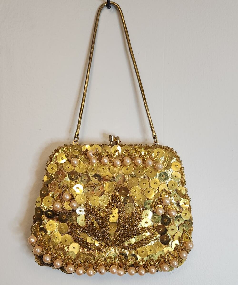 Vintage Adele Handbags Miami Florida Womens Gold Sequin & Bead Evening Purse